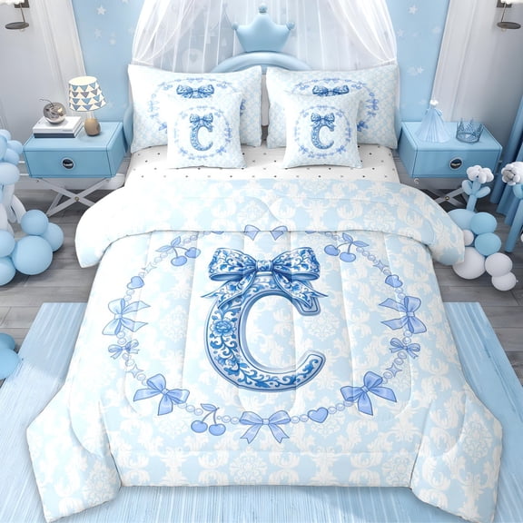 Erosebridal Girls Blue Bowknot 7pcs Bedding Comforter Set,Blue Letter C Monogrammed Queen Bedding Sets For Girls Kids,Reversible