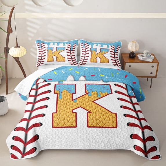 Erosebridal Girls Blue K Letter Twin Quilt Set, Ice Cream Baseball Twin Coverlet Set, 2-Piece