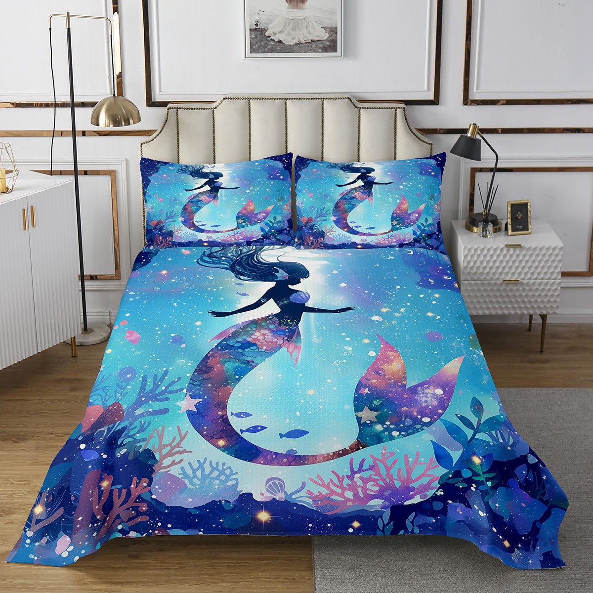 Erosebridal Blue Mermaid Twin Quilt Set,Ocean Theme Mermaid Kawaii ...