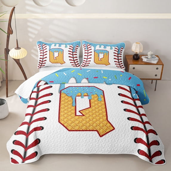 Erosebridal Girls Blue Q Letter Bed Spread Queen, Ice Cream Baseball Queen Coverlet Set, 3-Piece
