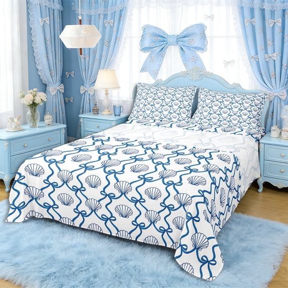 Erosebridal Girls Blue Ribbon Bow Full Size Sheets 4-Piece,Ocean Seashell Bed Sheets for Teens Women,Lightweight Room Decor
