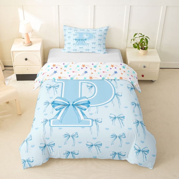 Erosebridal Girls Bow P Personalized Initial Twin Bedding,Teens Cartoon Blue Love Heart Duvet Cover Set,Lightweight Room Decor,2pcs,No Comforter