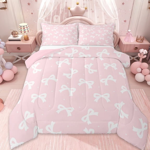 Erosebridal Girls Bow Queen Comforter Set For Bowknot Lover,Pink Dreamy Princess Style Bedding Comforter Set For Kids,Pink Reversible,3pcs