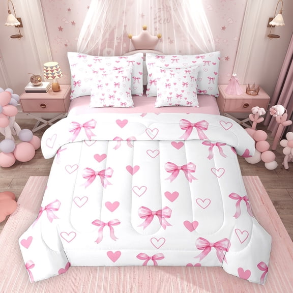 Erosebridal Girls Bow-Tie Bedding Comforter Set, Kawaii Love Hearts Queen Bedding Sets, White Pink, Pink Reversible, 7pcs