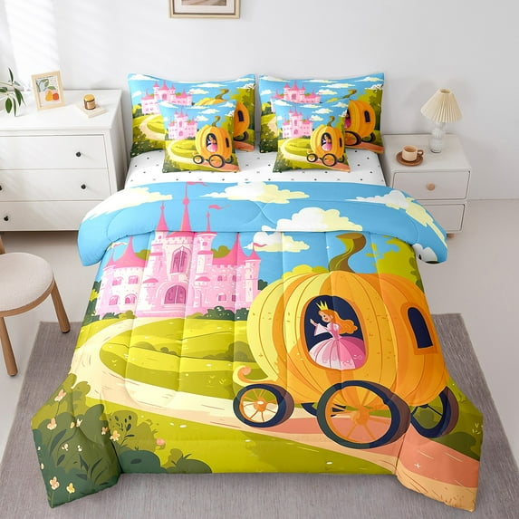 Erosebridal Cartoon Princess Bedding Sets King Size, Girly Pink Castle Comforter Sets with Sheets, Pumpkin Car Decor, 7pcs