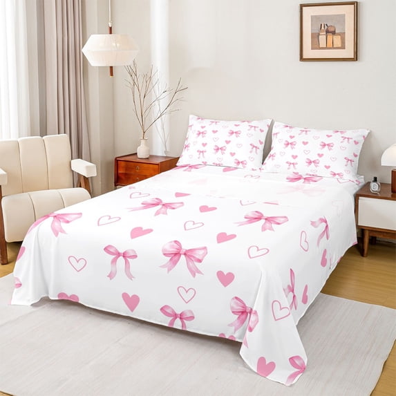 Erosebridal Girls Bow-Tie Full Size Sheets, Kawaii Love Hearts Bed Sheets, White Pink, 1 Flat Sheet, 1 Fitted Sheet and 2 Pillowcases