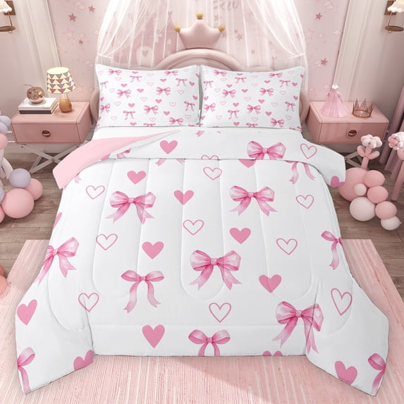 Erosebridal Girls Bow-Tie Queen Comforter Set, Kawaii Love Hearts Bedding Comforter Set, White Pink, Pink Reversible, 1 Comforter and 2 Pillowcases