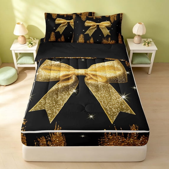 Erosebridal Girls Bow Tie Zipper Full Size Comforter Sets with Fitted Sheet and 2 Pillowcases, Chic Sequins Print Zipper Bedding Set, Black Reversible, Gold Black, Black Reversible