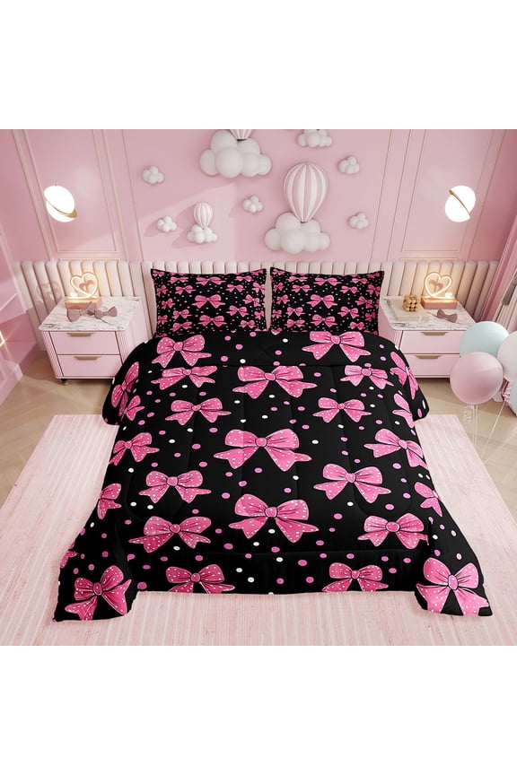Bowknot Bedding Queen Comforter Set, Black Pink Down Comforter, Kawaii Bow Decor, Lightweight 3 Pieces