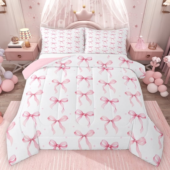 Erosebridal Girls Bowknot Full Size Comforter Sets, Pink Polka Dots Bow Bedding Sets, Pink Reversible, 1 Comforter and 2 Pillowcases
