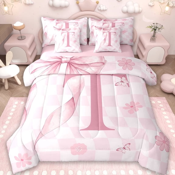 Erosebridal Girls Bowknot Letter T 7-Piece Twin Bedding Sets,Pink Cherry Blossom Bedding Comforter Set For Kids,Reversible pink