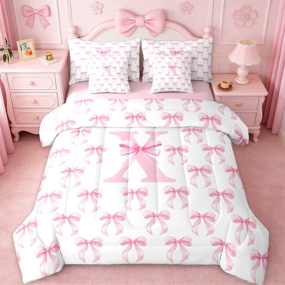 Erosebridal Girls Bowknot Personalized Gifts 7pcs Bedding Comforter Set,Pink 3D Cartoon Alphabet X Print Queen Bedding Sets For Kids,Pink Reversible