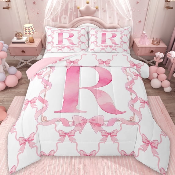 Erosebridal Girls Bowknot Personalized Queen Comforter Set,Pink Alphabet R Print Bedding Comforter Set For Kids,Reversible pink,3 Pieces