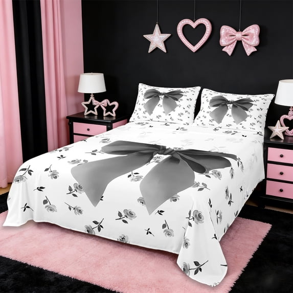 Erosebridal Girls Bowknot Queen Sheet Sets For Girls Gifts,Gray Floral Blossom Bed Set For Kids 4 Pieces