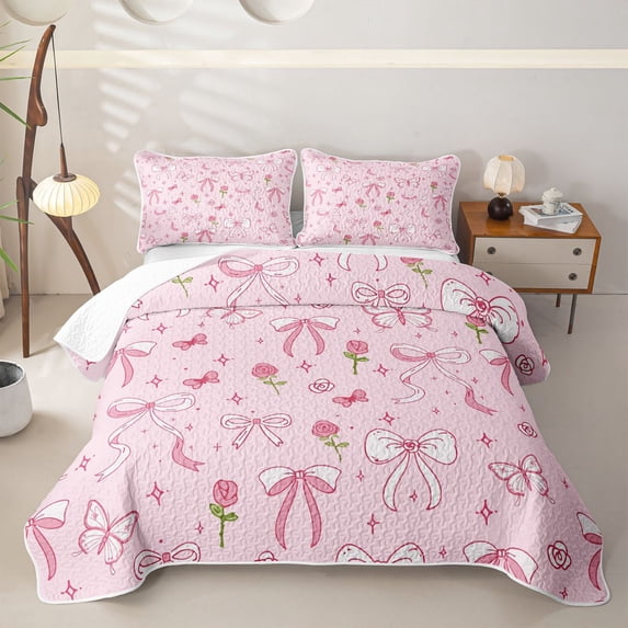 Erosebridal Girls Bowknot Twin Quilt Set, Pink Spring Butterfly Floral Twin Coverlet Set, 2 Pieces