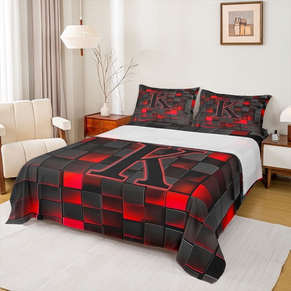 Erosebridal Girls Boys Neon Lights Futuristic Cubes Bed Sheets 4pcs,K Letter Monogrammed Black Red King Sheets For Kids Teens