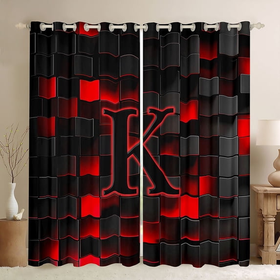 Erosebridal Girls Boys Neon Lights Futuristic Cubes Curtains Pack of 2 (42x84 Each),K Letter Monogrammed Black Red Curtains Blackout For Kids Teens