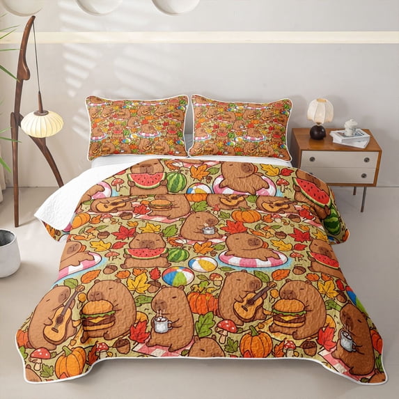 Erosebridal Girls Brown Capybara Quilt Full, Summer Fall Leaf Full Bedspread Sets, 3 Pieces