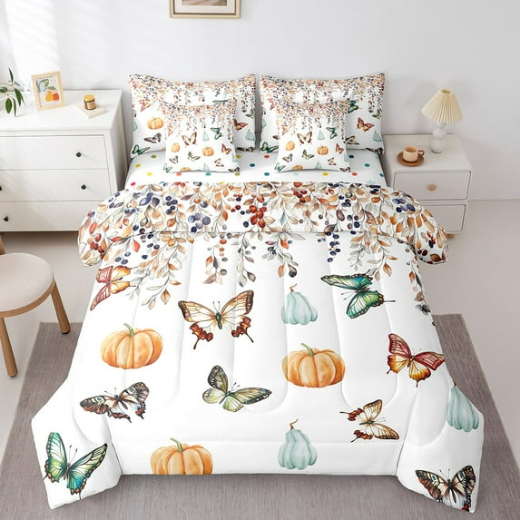 Erosebridal Butterfly Bedding Full Size, Fall Pumpkin Comforter Sets with Sheets, 7-Piece Eucalyptus Decor, Breathable
