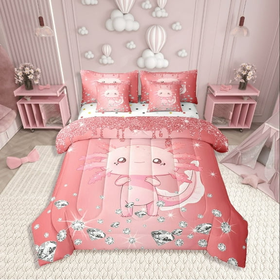 Erosebridal Cartoon Axolotl Bedding Sets Twin Size,Bling Crystal Comforter Sets With Sheets,Glitter Bedroom Decor,Reversible,Breathable,7Pcs