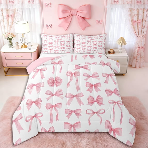 Erosebridal Girls Cartoon Bowknot Queen Comforter Set 3pcs,Dreamy Princess Bow Bedding Comforter Set for Teens Women,Pink Reversible,Breathable Home Decor