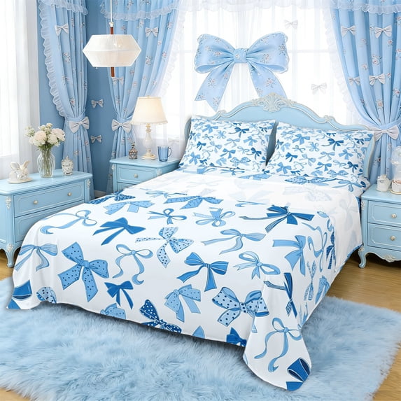 Erosebridal Girls Cartoon Bowknot Queen Sheet Sets 4 Pieces,Dreamy Princess Bow Bed Set for Teens Women,Ultra Soft Home Decor