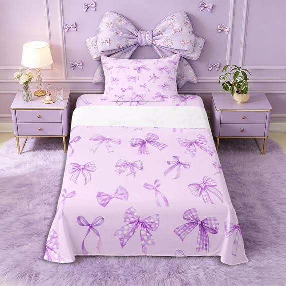 Erosebridal Girls Cartoon Bowknot Twin Sheet Sets 3pcs,Dreamy Princess Purple Bow Bedding for Teens Women,Ultra Soft Home Decor