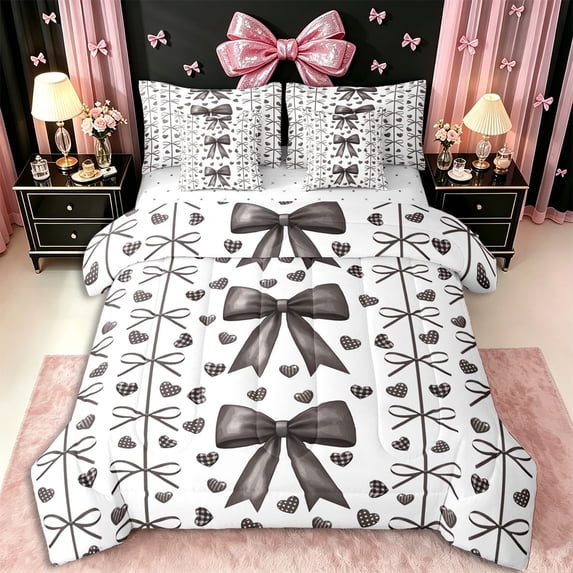 Erosebridal Girls Cartoon Ribbon Bow Bedding Comforter Set 7-Piece,Black Love Heart King Bedding Sets for Kids Teens,Microfiber Bedroom Decor