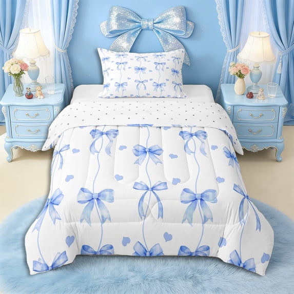 Erosebridal Girls Cartoon Ribbon Bow Twin Comforter Sets 3-Piece,Blue Love Heart Bedding Set for Kids Teens,Lightweight Room Decor