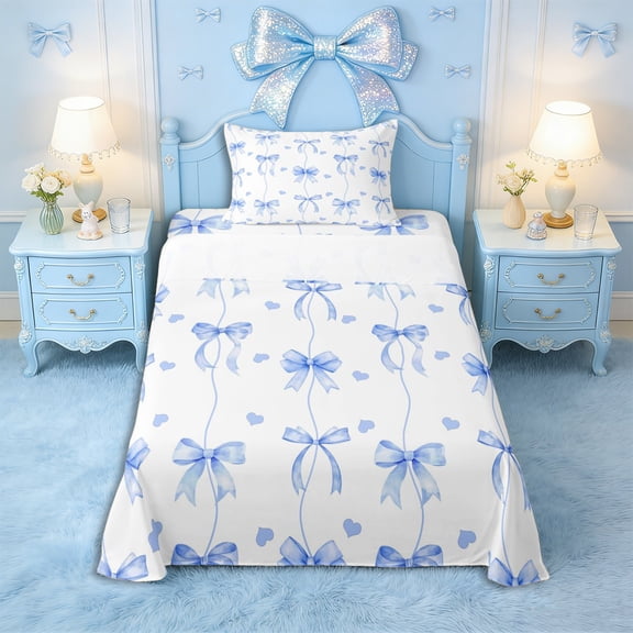 Erosebridal Girls Cartoon Ribbon Bow Twin Sheet Sets 3pcs,Blue Love Heart Bedding for Kids Teens,Lightweight Room Decor