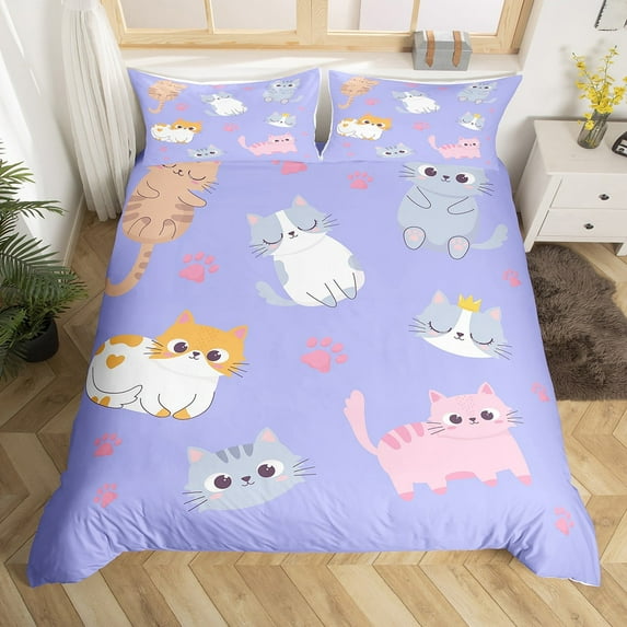 Erosebridal Cat Bedding Set Twin Size,Cute Cats Comforter Cover Kawaii Room Decor,Cartoon Pet Animal Paw Print Duvet Cover Lovely Kitten Bed Cover Purple Soft Breathable Zipper Closure