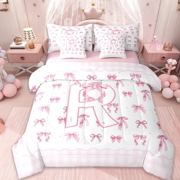 Erosebridal Girls Coquette Bow Girls 7-Piece Twin Bedding Sets,Letter R Monogrammed Bedding Comforter Set For Kids,Pink Reversible
