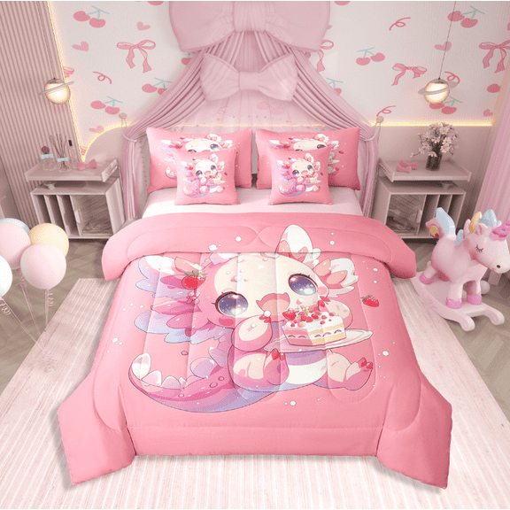 Erosebridal Cute Axolotl Bedding Sets Twin Size,Cartoon Wildlife Comforter Sets With Sheets,Animal Decoraiton,Reversible,Breathable,7Pcs