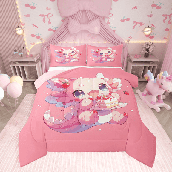 Erosebridal Cute Axolotl Comforter Sets Queen Size,Cartoon Wildlife Bedding Queen Comforter Set,Animal Decoraiton,Reversible,3Pcs