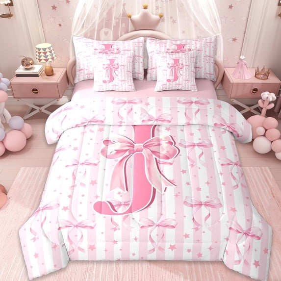 Erosebridal Girls Cute Bow 7-Piece Bedding Comforter Set For Kids,Pink Bowtie Ribbon Monogrammed J King Bedding Sets,Pink Reversible