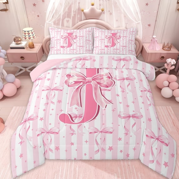 Erosebridal Girls Cute Bow Full Size Comforter Sets For Kids,Pink Bowtie Ribbon Monogrammed J Bedding Sets,Pink Reversible,3 Pieces