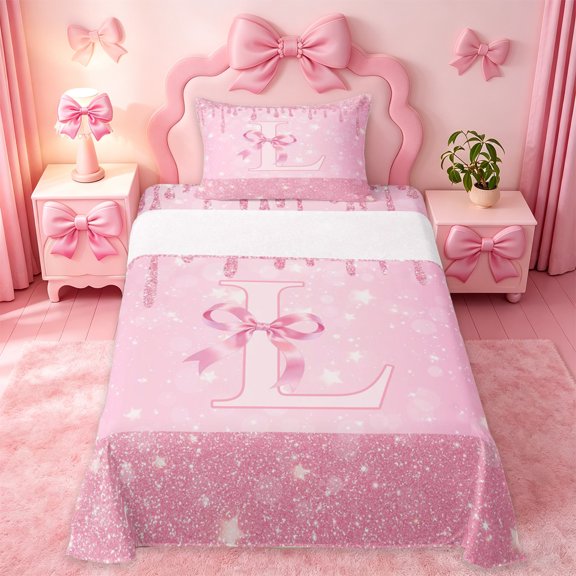 Erosebridal Girls Cute Bow Twin Sheet Sets For Kids,Letter L Monogram Bedding 3pcs