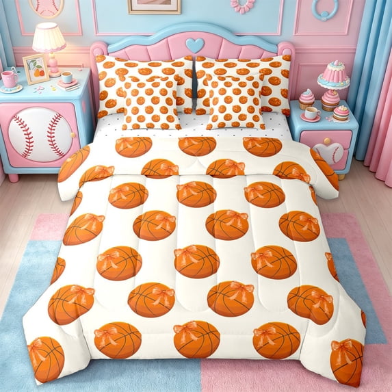 Erosebridal Girls Cute Bowknot 7-Piece Twin Bedding Sets,Basketball Ball Games Bedding Comforter Set For Kids,Reversible