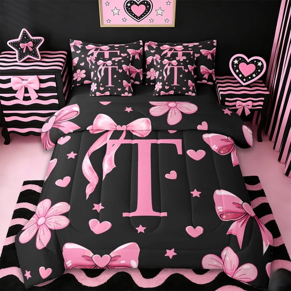 Erosebridal Girls Cute Bowknot 7 Pieces Bedding Comforter Set,Pink Loves T Alphabet Full Bedding Set For Kids,Reversible black