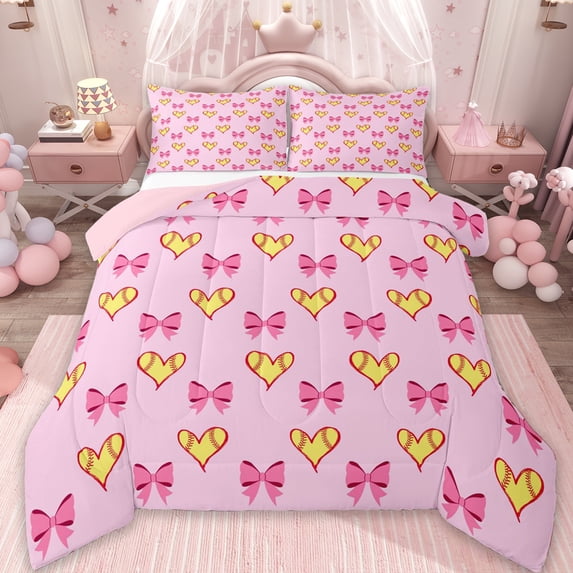Erosebridal Girls Cute Bowknot Queen Comforter Set,Abstract Baseball Print Loves Bedding Comforter Set For Kids,Reversible pink,3-Piece
