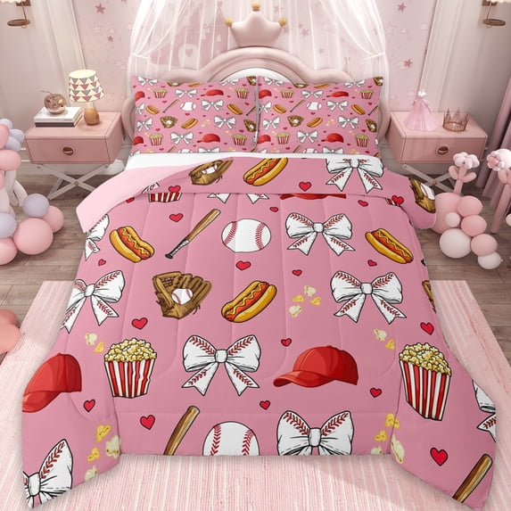 Erosebridal Girls Cute Bowknot Queen Comforter Set,Red Kawaii Lovers Print Bedding Comforter Set For Kids,Reversible pink,3 Pieces