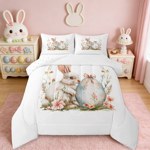 Erosebridal Girls Cute Bunny Queen Comforter Set,Easter Eggs Bunny Pink Flower Floral Bedding Comforter Set For Kids Reversible 3-Piece