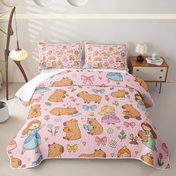 Erosebridal Girls Cute Capybara Twin Quilt Set, Bow Princess Fairy Twin Coverlet Set, 2 Pieces