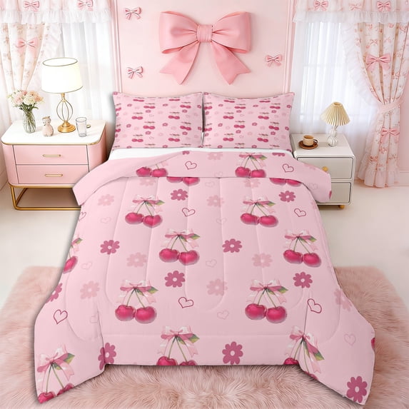 Erosebridal Girls Cute Cherry Bow Queen Comforter Set 3pcs,Kids Teens Kawaii Groovy Flowers Bedding Comforter Set,Pink Reversible,Luxury Bedroom Decor