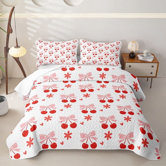 Erosebridal Girls Cute Cherry Bow Quilt Full,Teens Kawaii Red Flowers Full Bedspread Sets