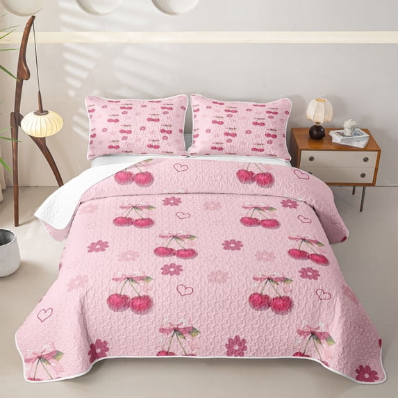 Erosebridal Girls Cute Cherry Bow Twin Quilt Set,Teens Kawaii Groovy Flowers Twin Coverlet Set