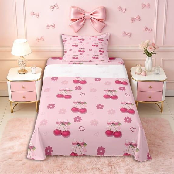 Erosebridal Girls Cute Cherry Bow Twin Sheet Sets 3pcs,Kids Teens Kawaii Groovy Flowers Bedding,Luxury Bedroom Decor