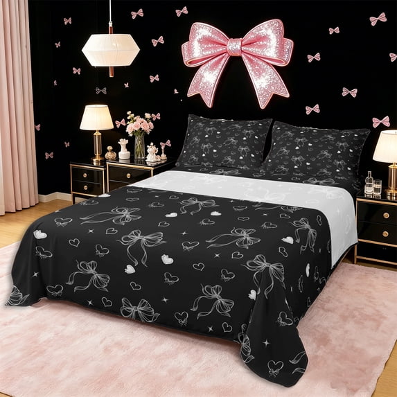 Erosebridal Girls Cute Ribbon Bow Full Size Sheets 4-Piece,Love Heart Print Bed Sheets for Kids Teens,Microfiber Bedroom Decor