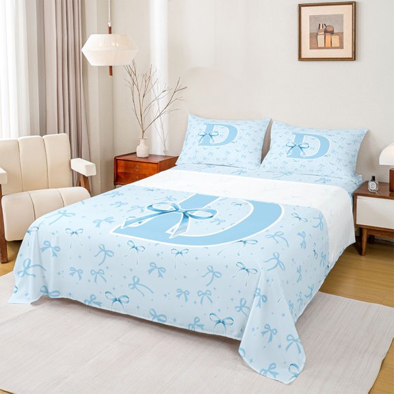 Erosebridal Girls D Personalized Initial Bed Sheets 4pcs,Teens Kawaii Blue Bowknot King Sheets
