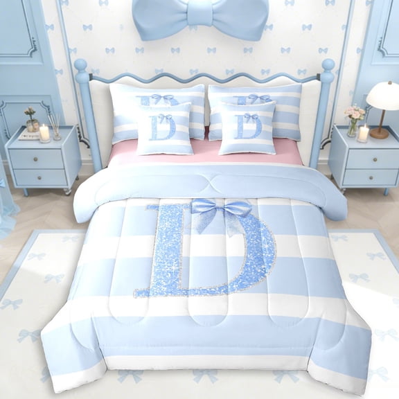 Erosebridal Girls D Personalized Initial Bedding Comforter Set 7 Pieces,Teens Kawaii Blue Bowknot Glitter Print Full Bedding Set,Pink Reversible